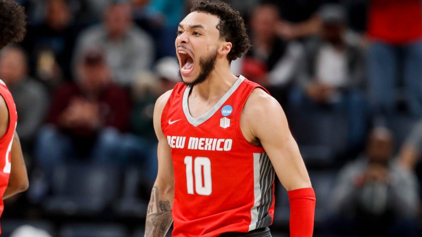 New Mexico’s Jaelen House (10) reacts after his team scored during the first round game between Clemson University and University of New Mexico in the 2024 NCAA Tournament at FedExForum in Memphis, Tenn., on Friday, March 22, 2024.