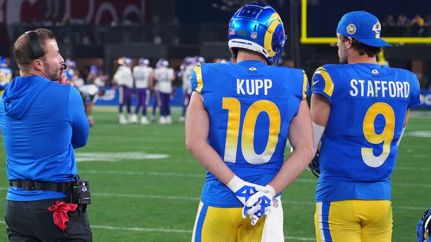 Rams head coach Sean McVay, wide receiver Cooper Kupp and quarterback Matthew Stafford.