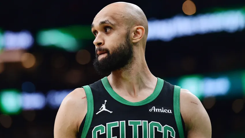 May 14, 2025; Boston, Massachusetts, USA; Boston Celtics guard Derrick White (9) in the first half during game five of the second round for the 2025 NBA Playoffs against the New York Knicks at TD Garden. Mandatory Credit: Bob DeChiara-Imagn Images